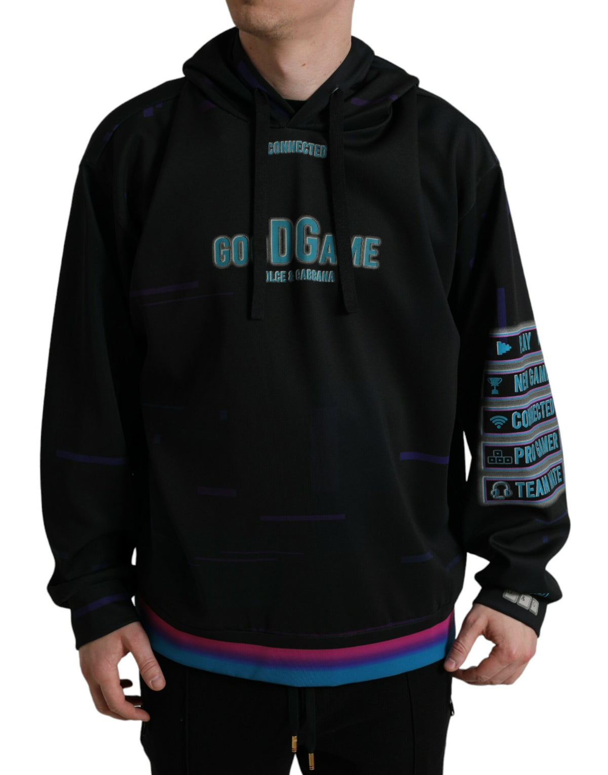 Black Dolce & Gabbana logo print hooded sweatshirt with front pocket and ribbed cuffs, casual and stylish for everyday wear.