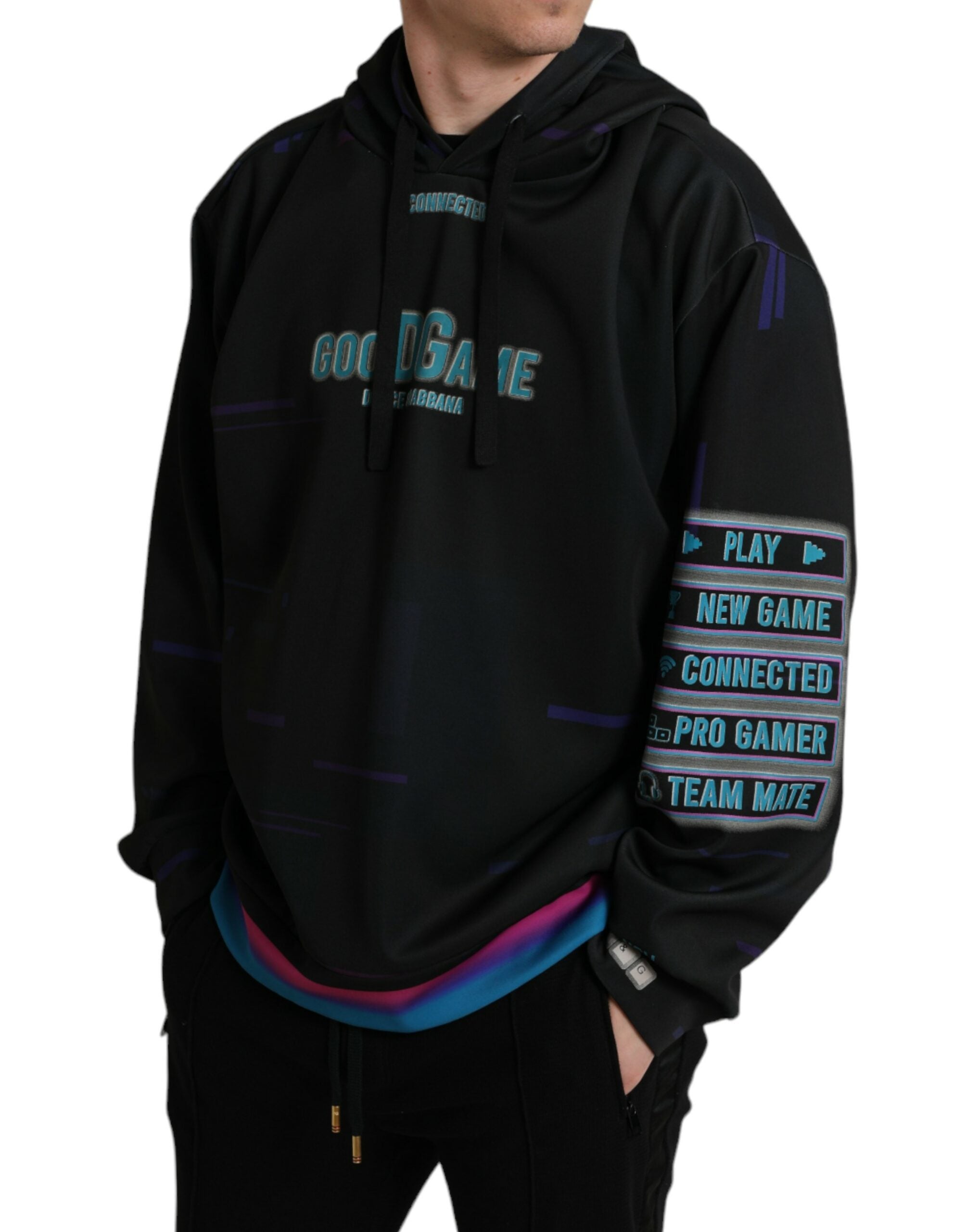 Black Dolce & Gabbana logo print hooded sweatshirt with front pocket and drawstring hood, casual and stylish men's sweater.