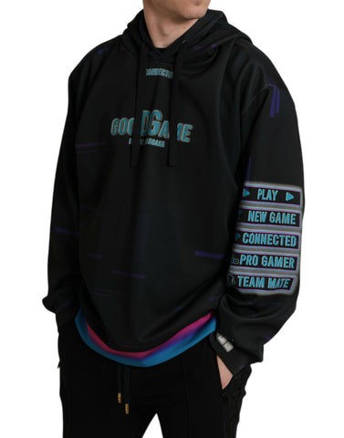 Black Dolce & Gabbana logo print hooded sweatshirt with front pocket and drawstring hood, casual and stylish men's sweater.