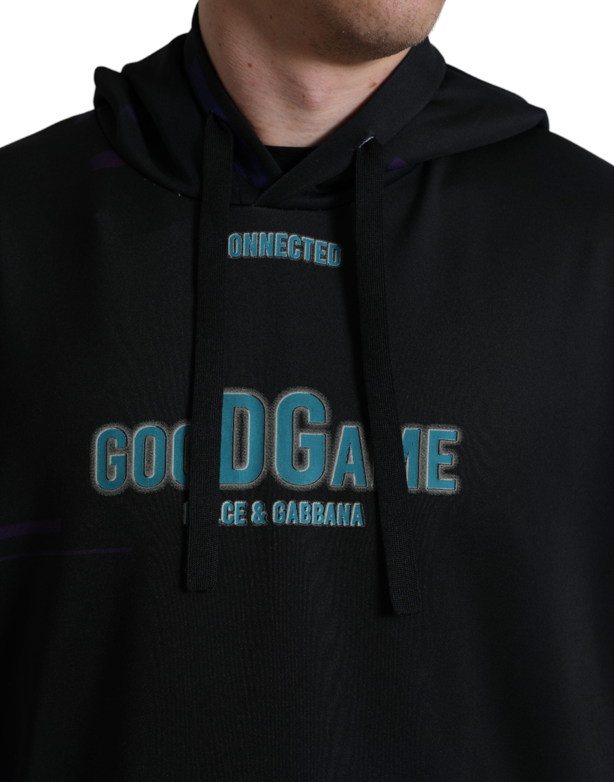 Black Dolce & Gabbana logo print hooded sweatshirt with front pocket and long sleeves, casual and stylish apparel.