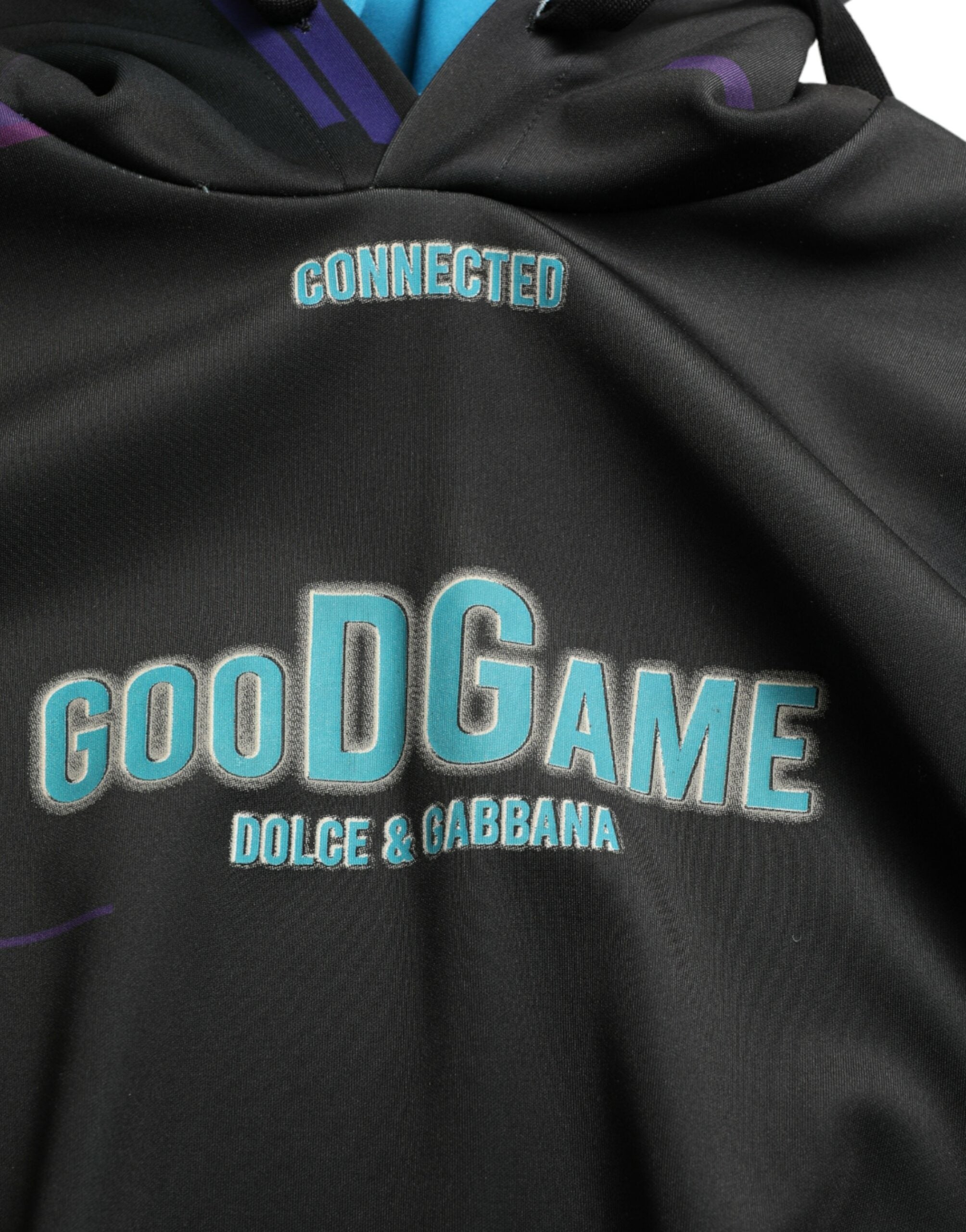 Black Dolce & Gabbana logo print hooded sweatshirt with long sleeves and a casual fit, shown on a plain background.