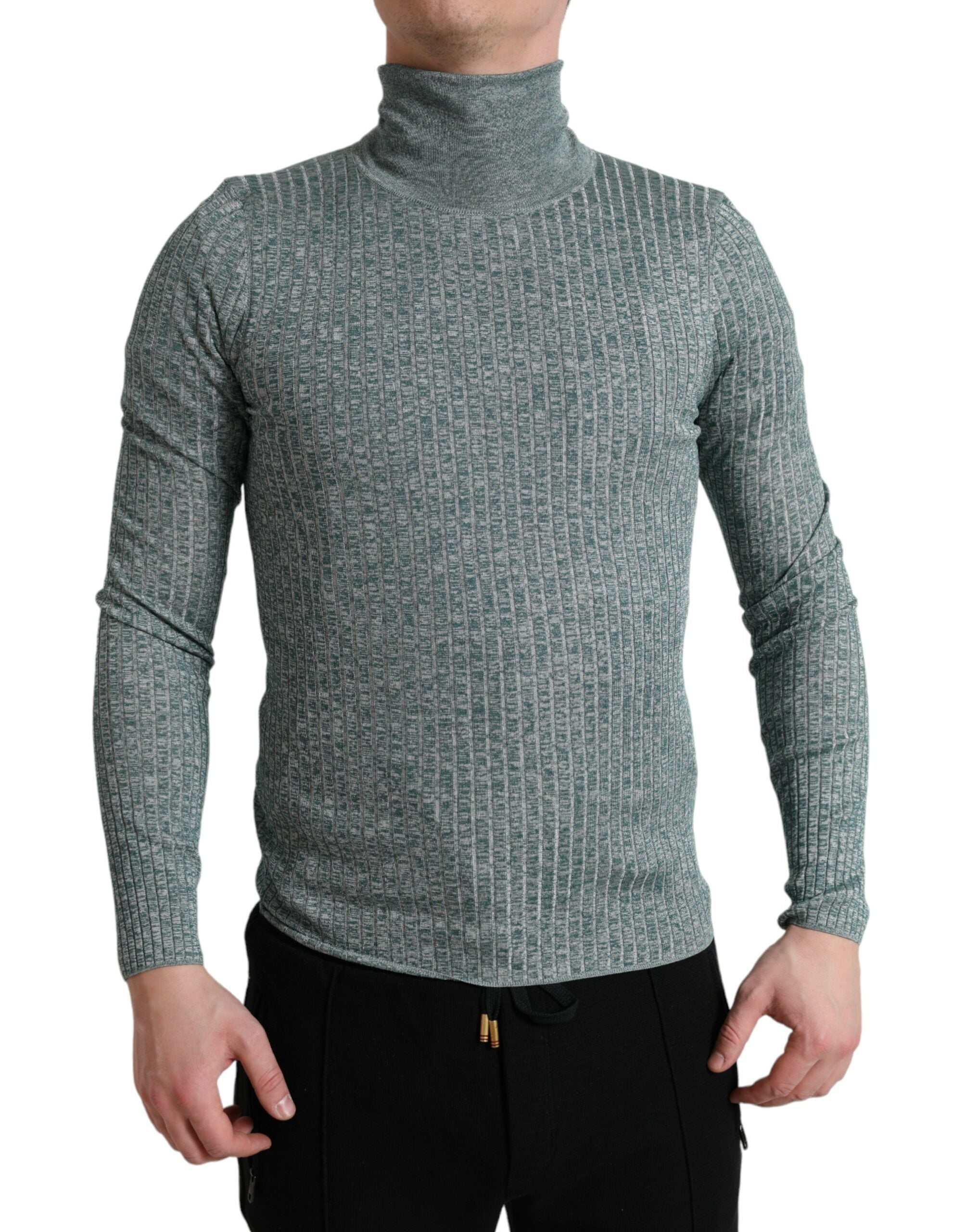 Green polyester turtleneck pullover sweater by Dolce & Gabbana displayed on a mannequin, showcasing its cozy fit and smooth fabric.