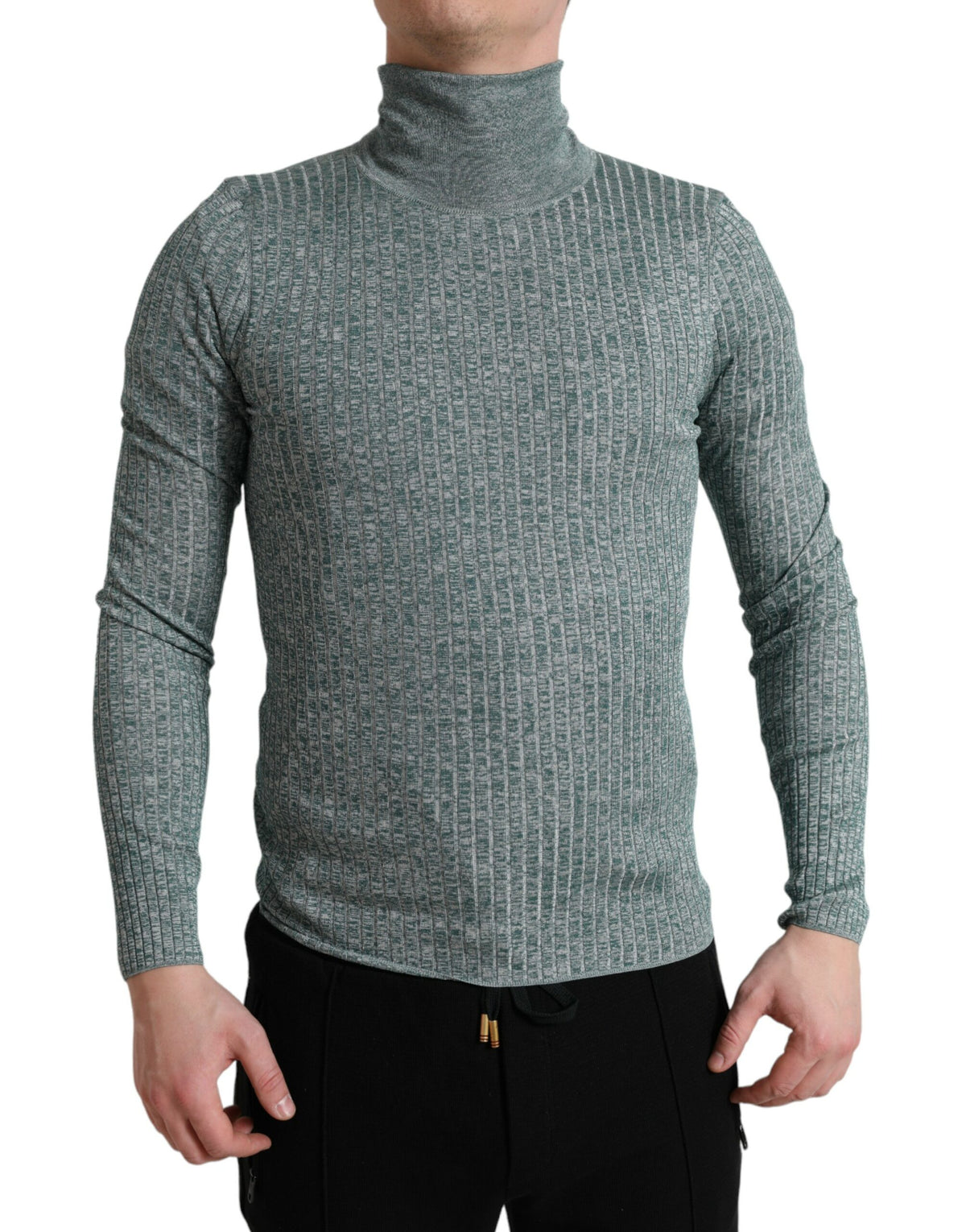 Green polyester turtleneck pullover sweater by Dolce & Gabbana displayed on a mannequin, showcasing its cozy fit and smooth fabric.