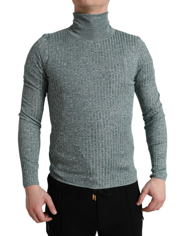 Green polyester turtleneck pullover sweater by Dolce & Gabbana displayed on a mannequin, showcasing its cozy fit and smooth fabric.