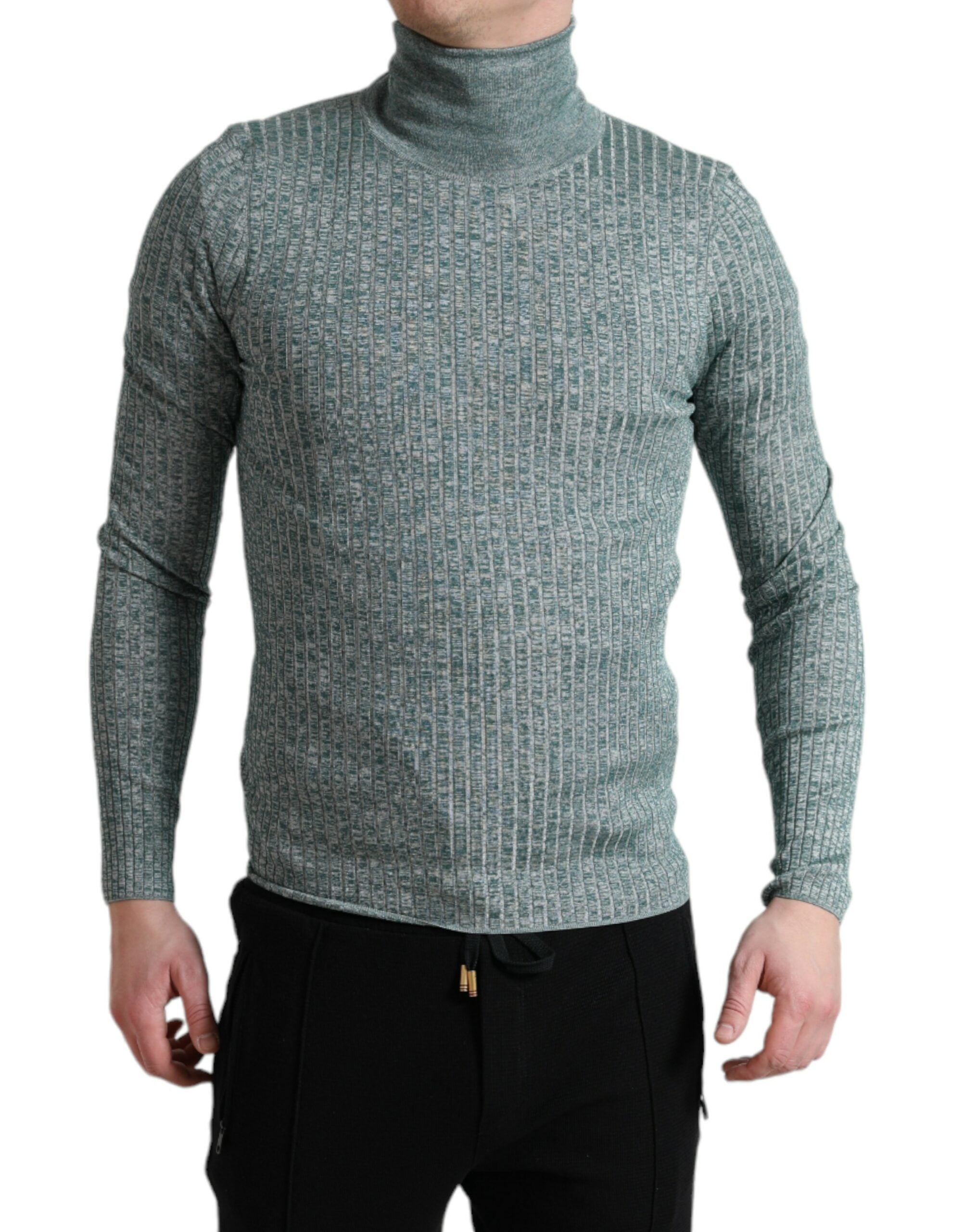 Green polyester turtleneck pullover sweater by Dolce & Gabbana, featuring a fitted design and ribbed collar.