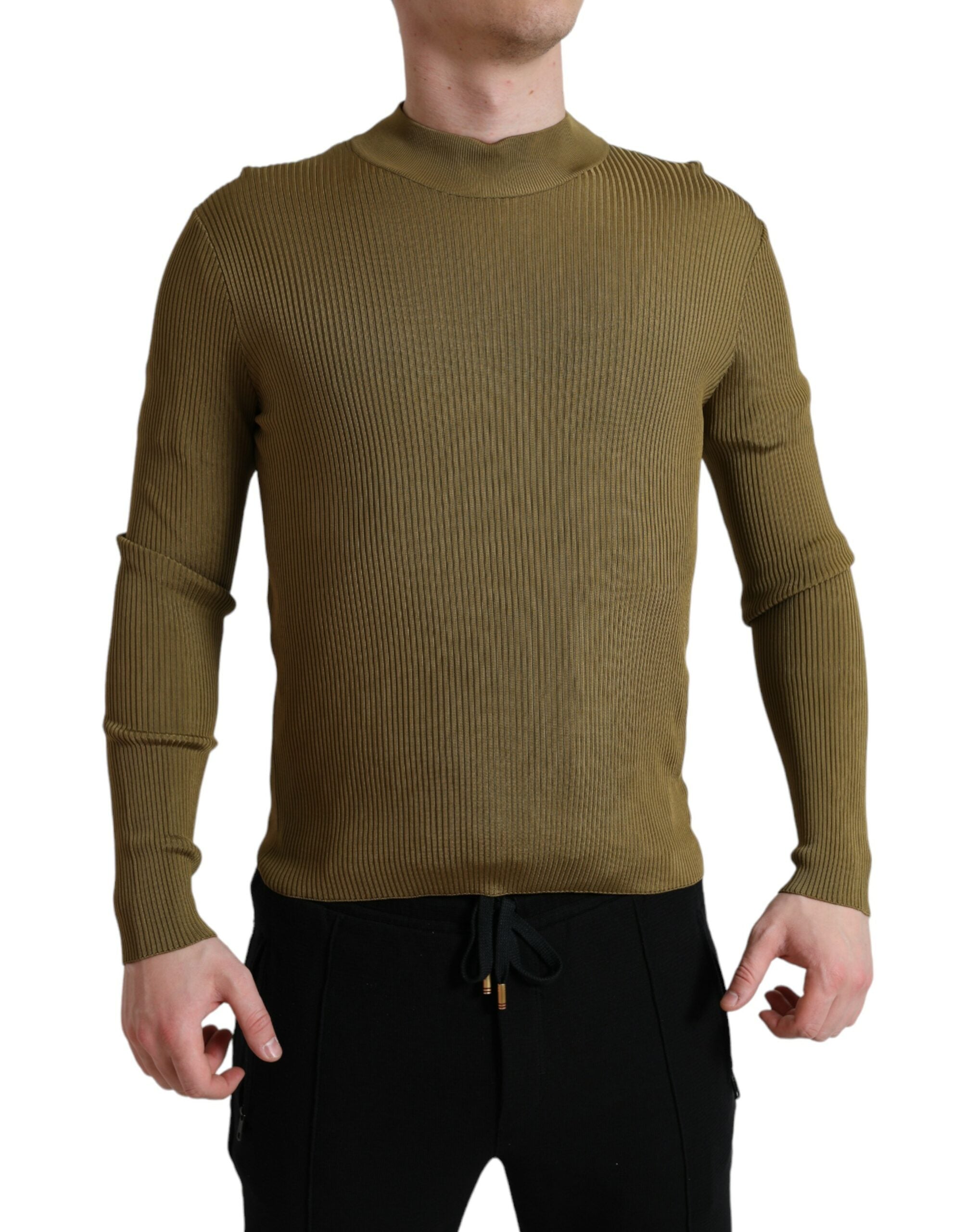 Dolce & Gabbana army green viscose crewneck pullover sweater, close-up view showing soft knit fabric and classic style.