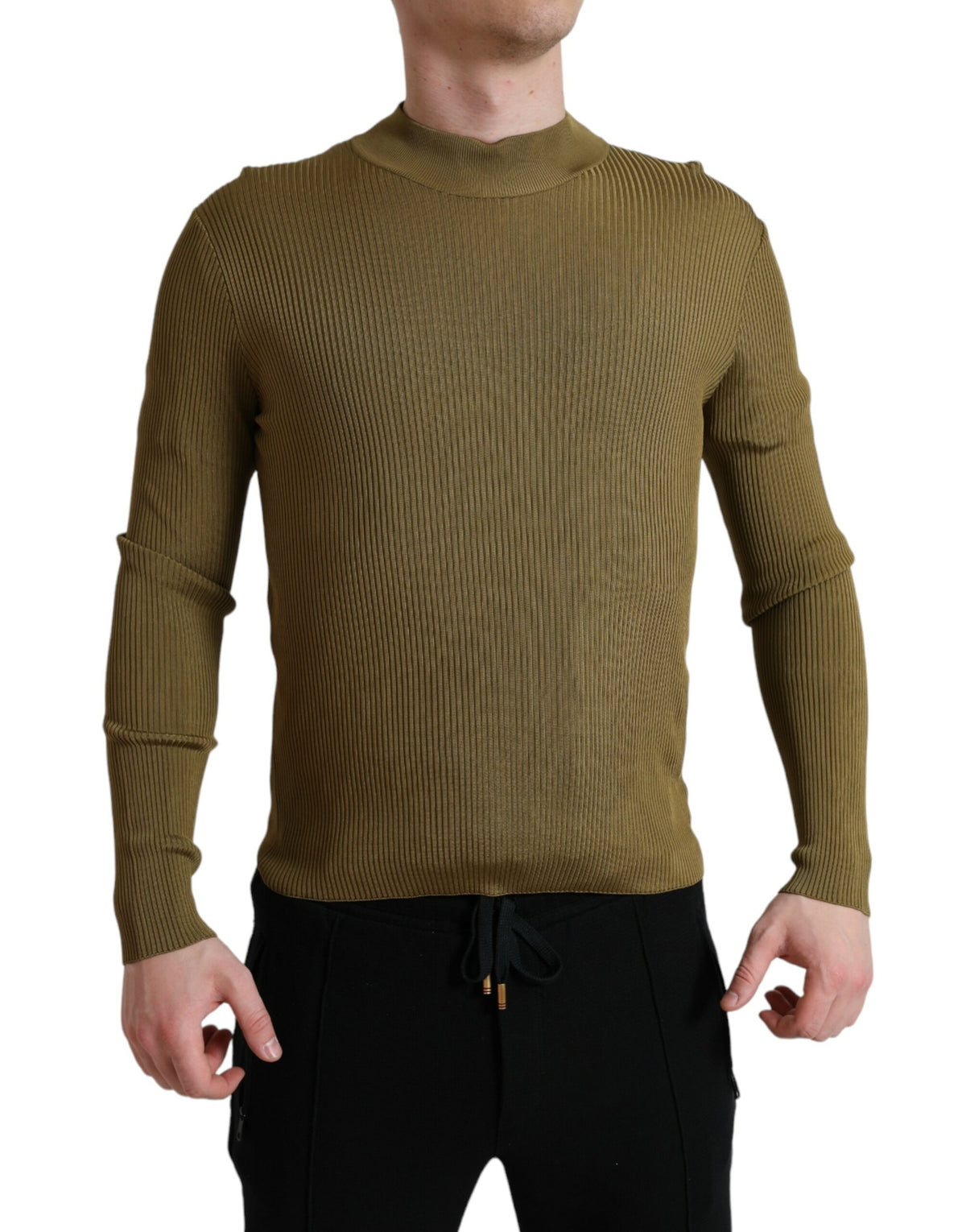 Dolce & Gabbana army green viscose crewneck pullover sweater, close-up view showing soft knit fabric and classic style.
