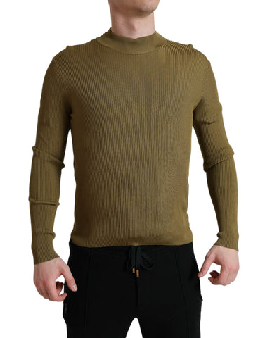 Dolce & Gabbana army green viscose crewneck pullover sweater, close-up view showing soft knit fabric and classic style.