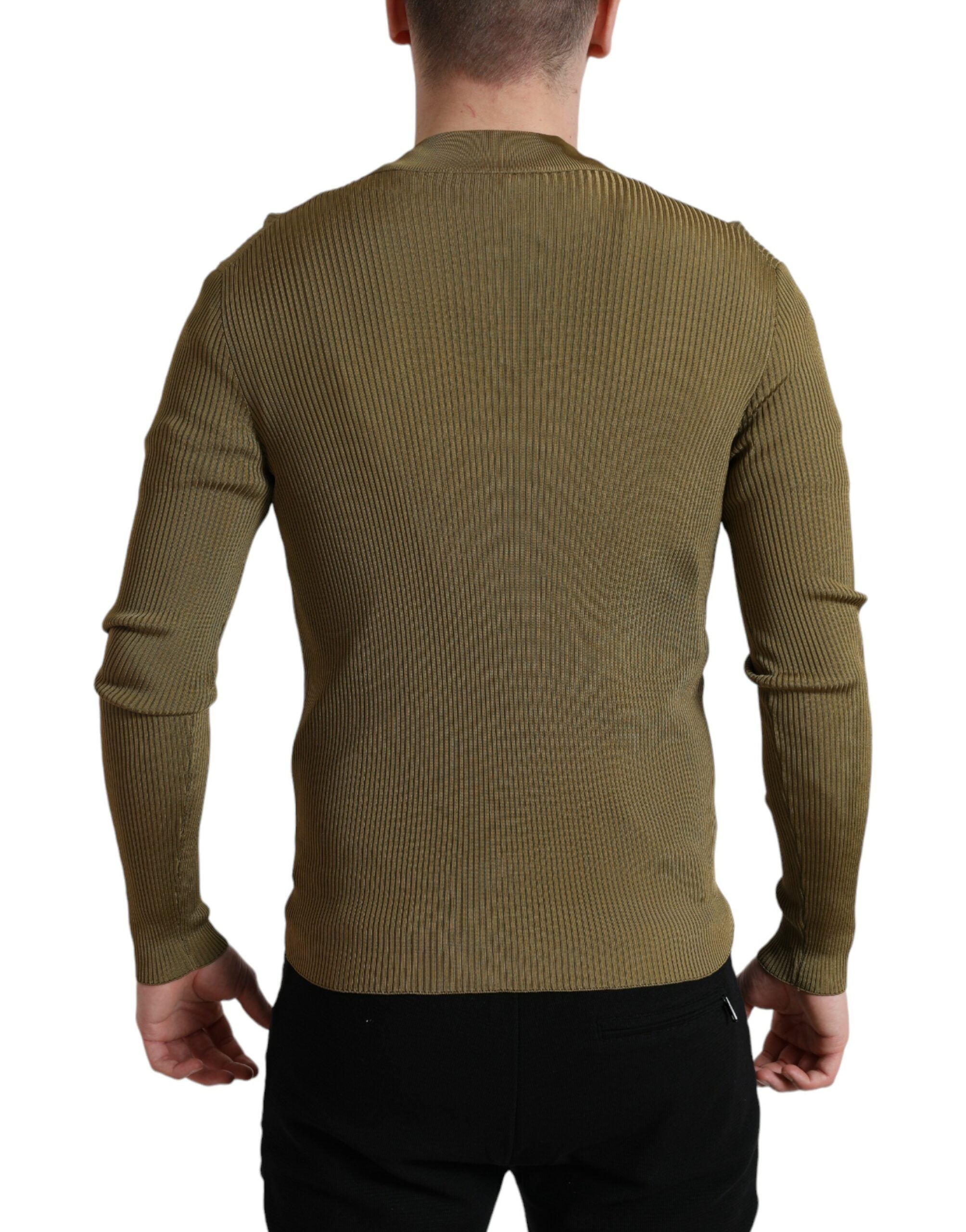 Dolce & Gabbana army green viscose crewneck pullover sweater displayed on a hanger, showcasing its soft fabric and classic fit.