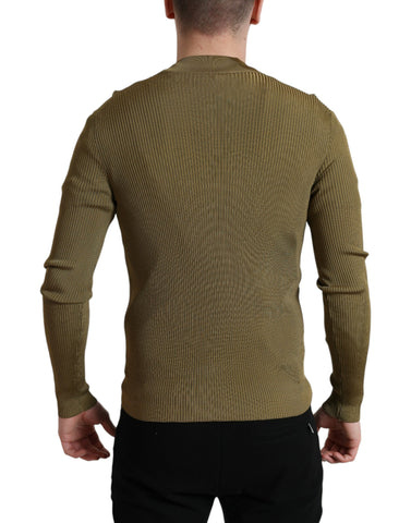 Dolce & Gabbana army green viscose crewneck pullover sweater displayed on a hanger, showcasing its soft fabric and classic fit.