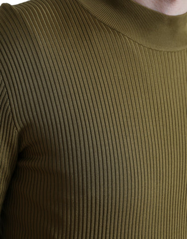 Dolce & Gabbana army green viscose crewneck pullover sweater displayed on a hanger.