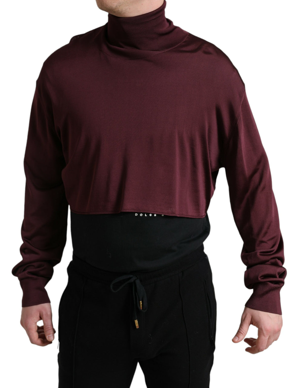Maroon viscose turtleneck sweater by Dolce & Gabbana, featuring a snug fit and classic design, shown on a hanger.