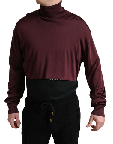 Maroon viscose turtleneck sweater by Dolce & Gabbana, featuring a snug fit and classic design, shown on a hanger.