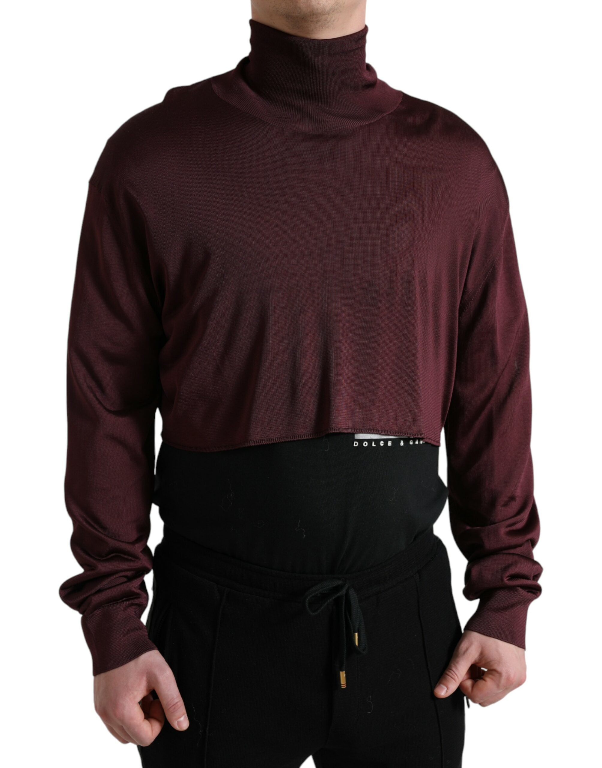 Maroon viscose turtleneck sweater by Dolce & Gabbana, featuring a close-up of the cozy, fitted pullover with ribbed collar.