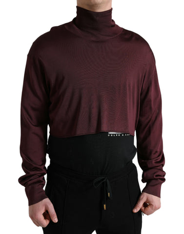 Maroon viscose turtleneck sweater by Dolce & Gabbana, featuring a close-up of the cozy, fitted pullover with ribbed collar.