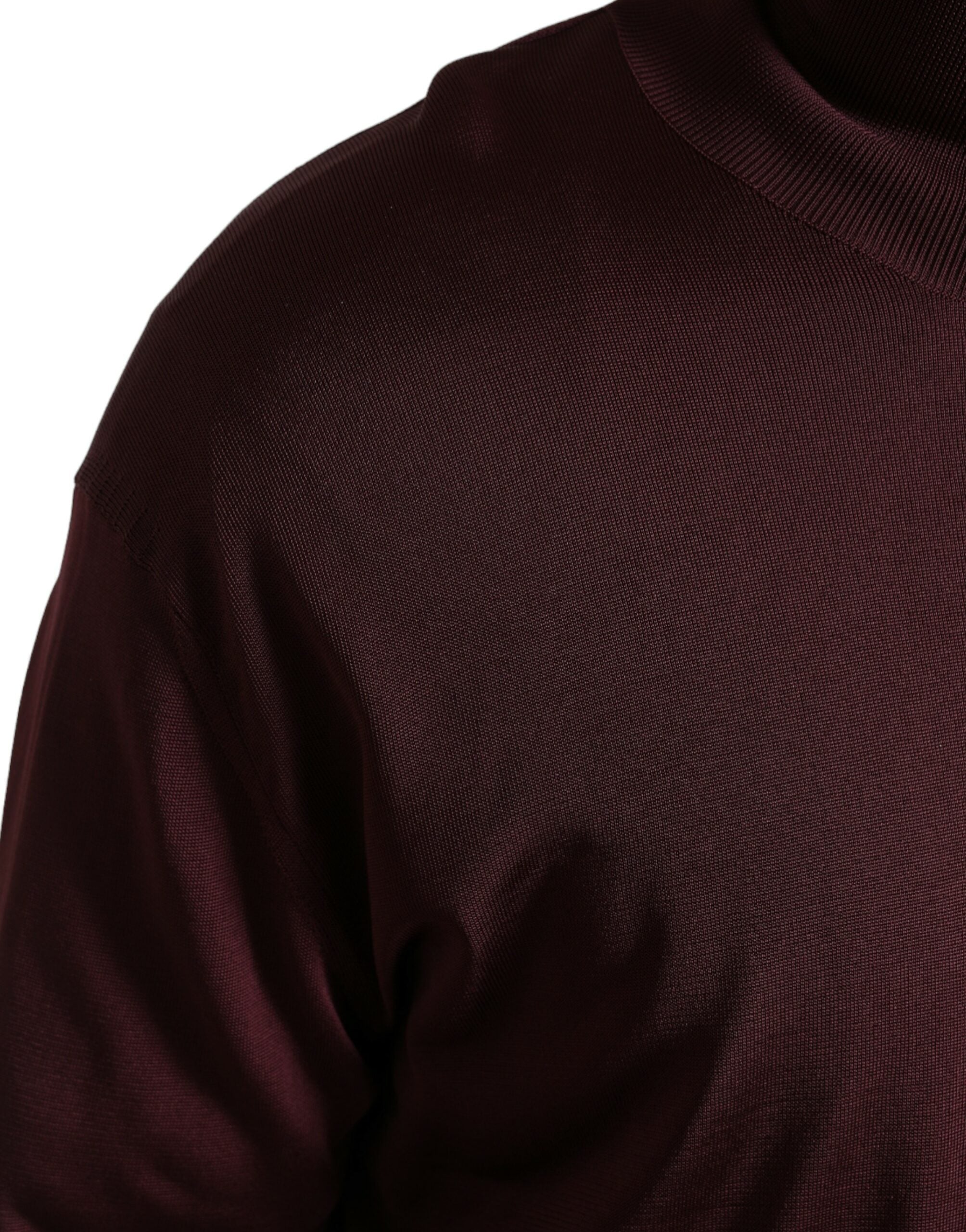 Maroon viscose turtleneck pullover sweater by Dolce & Gabbana, close-up showing soft fabric and fitted design.