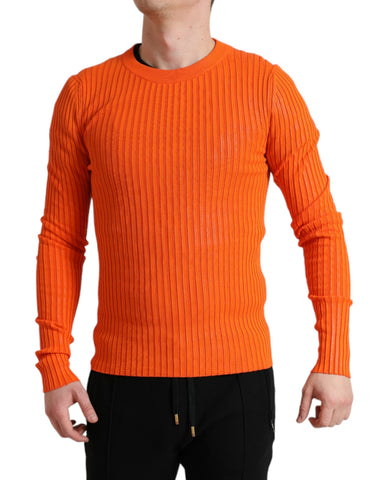 Orange knitted crewneck men's pullover sweater by Dolce & Gabbana, featuring a textured knit pattern and classic fit.