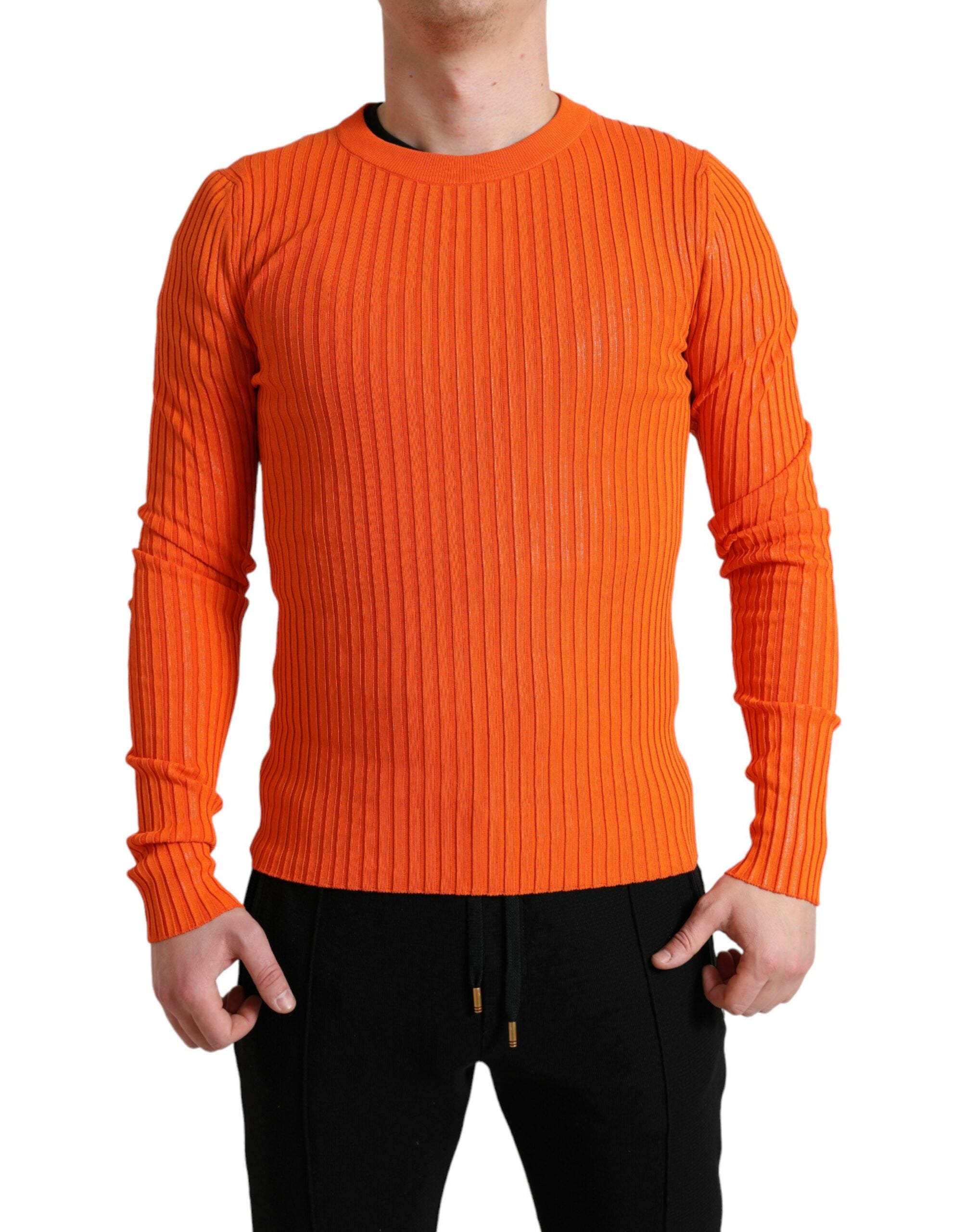 Orange knitted crewneck men's pullover sweater by Dolce & Gabbana, featuring a textured knit pattern and ribbed cuffs.