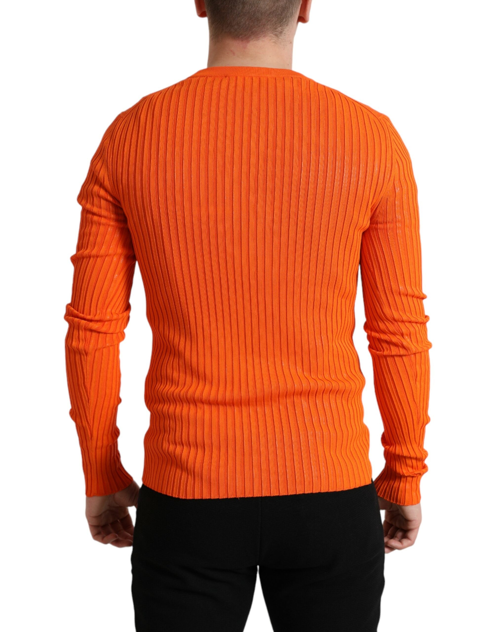 Orange knitted crewneck men's pullover sweater by Dolce & Gabbana, featuring a cozy knit texture and classic fit.