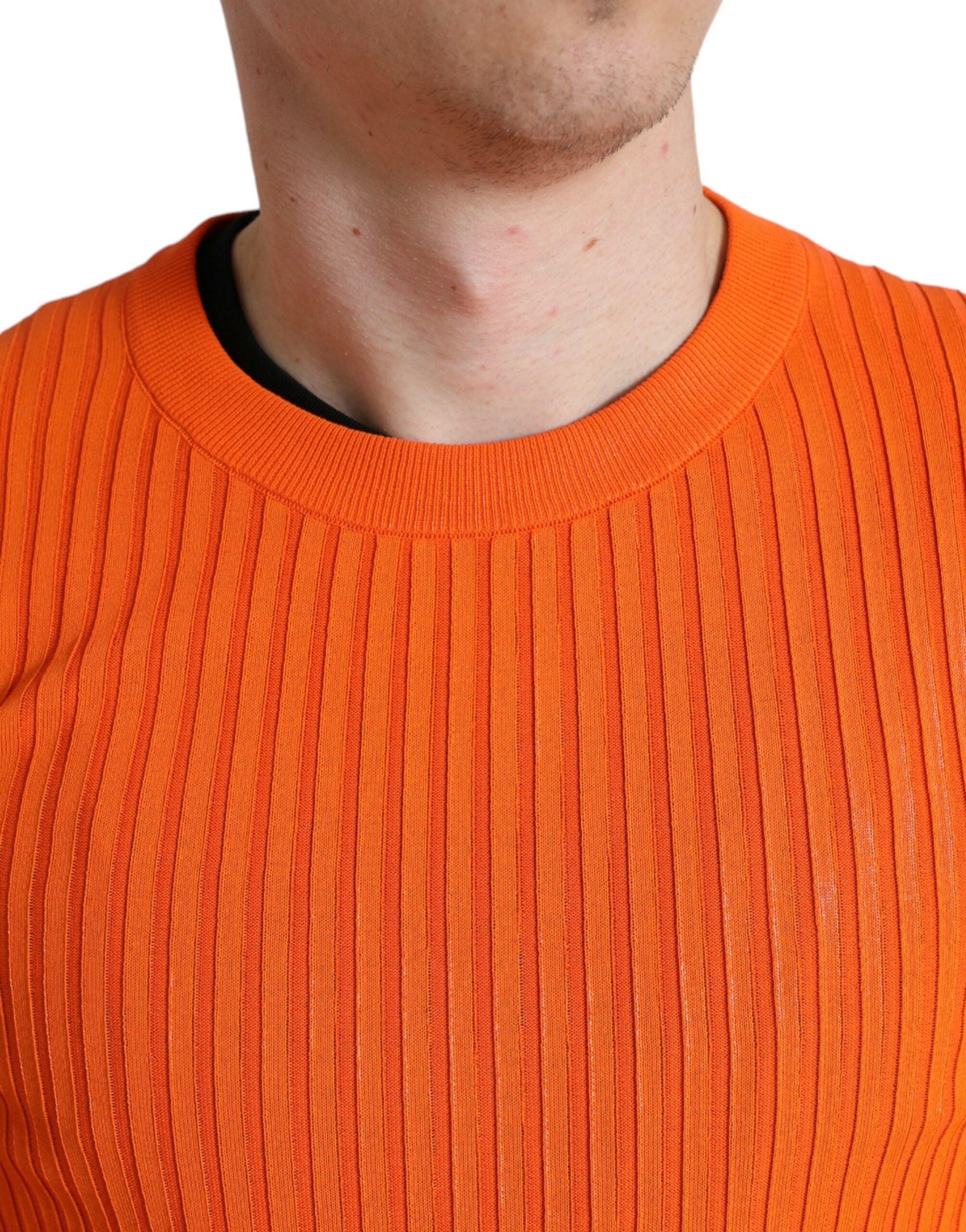 Orange knitted crewneck men's pullover sweater by Dolce & Gabbana, featuring a textured knit and classic fit.