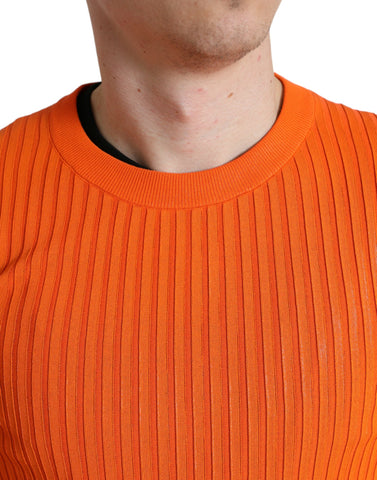 Orange knitted crewneck men's pullover sweater by Dolce & Gabbana, featuring a textured knit and classic fit.
