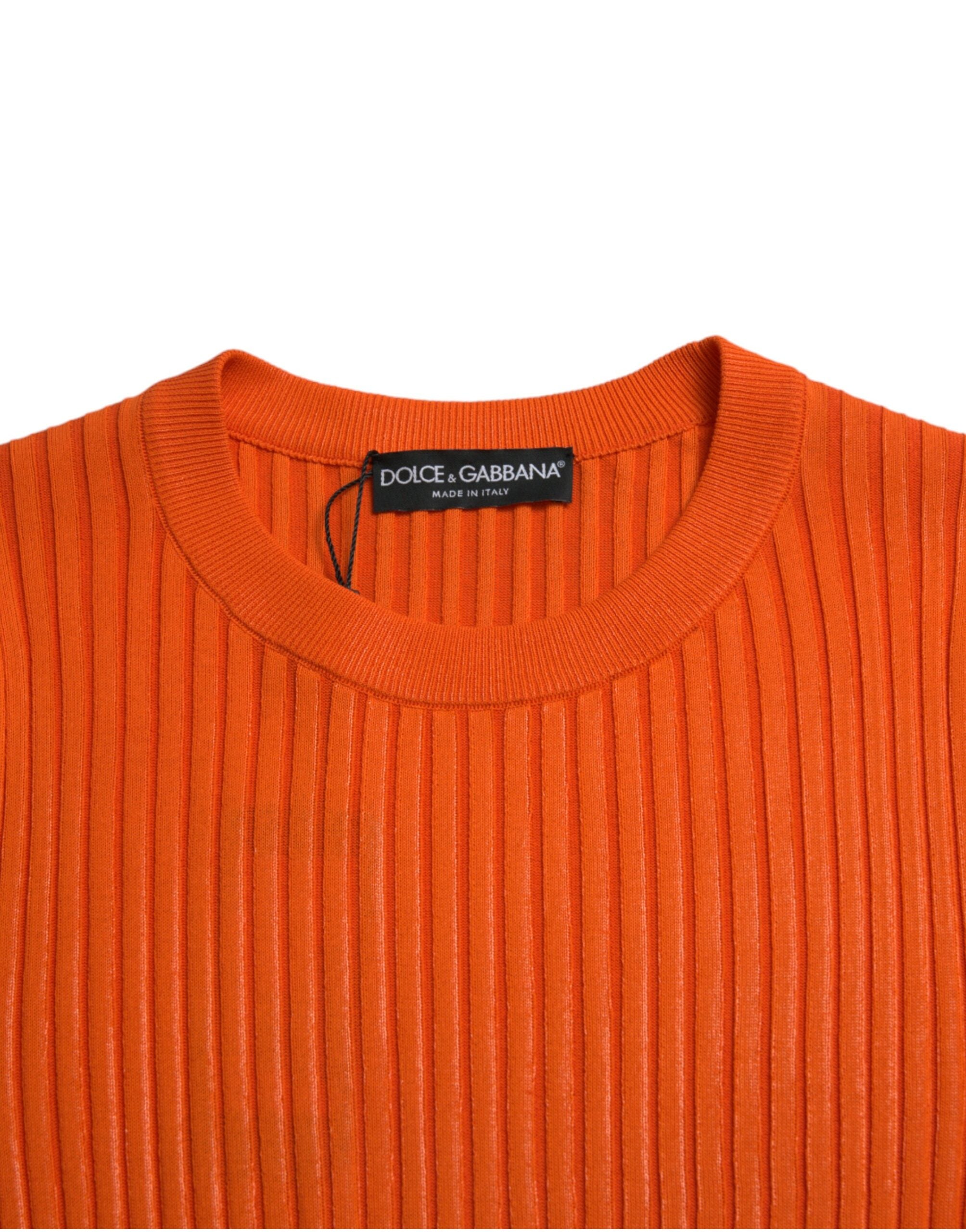 Orange knitted crewneck men's pullover sweater by Dolce & Gabbana, featuring a cozy, textured knit design.