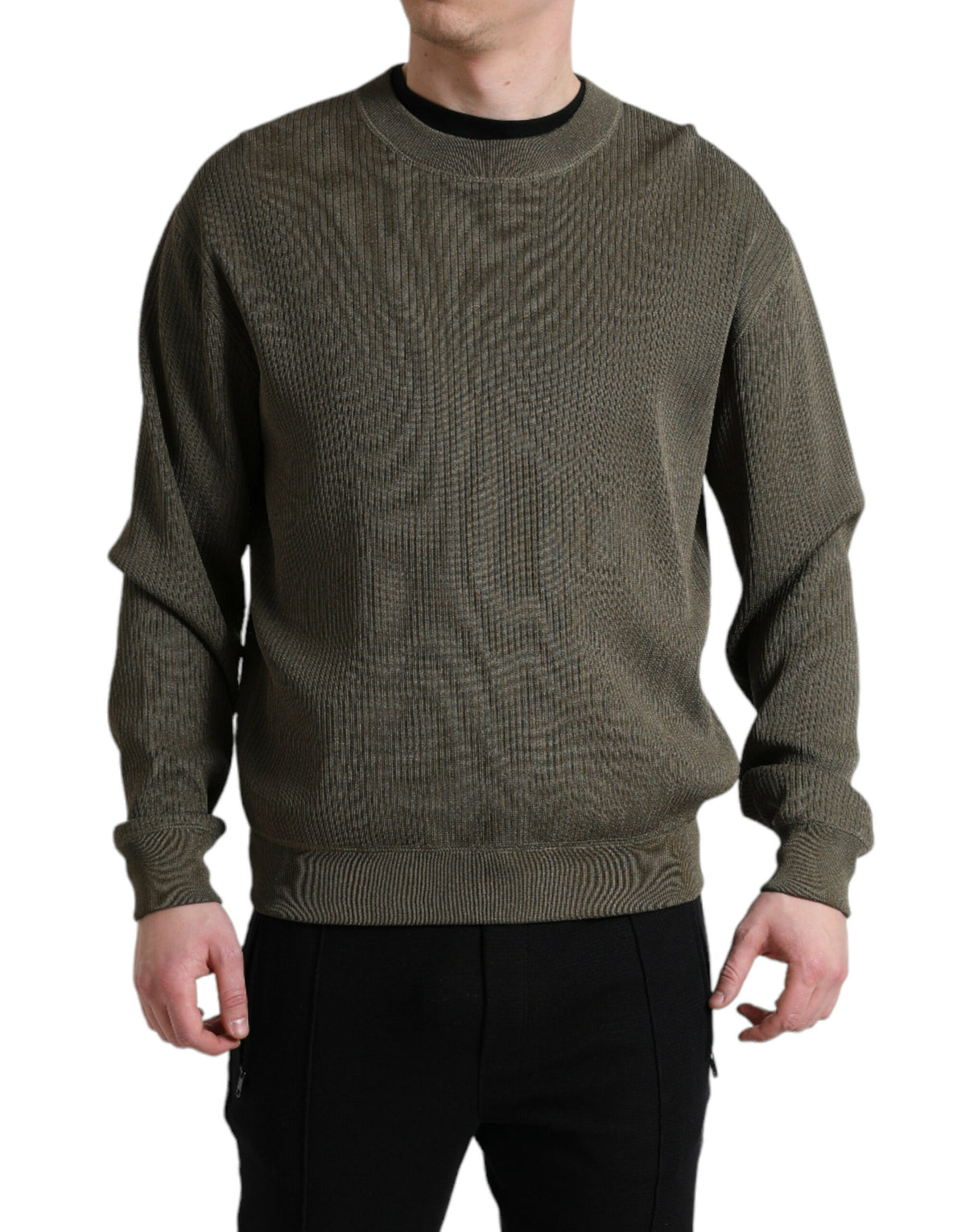 Green viscose crew neck men's pullover sweater by Dolce & Gabbana, showing a close-up of the soft fabric and classic fit.