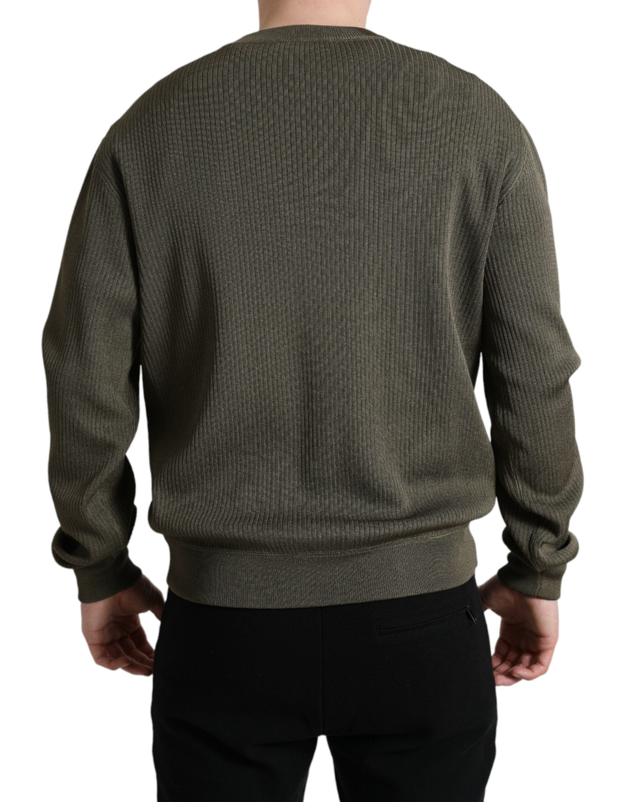 Green viscose crew neck men's pullover sweater by Dolce & Gabbana, shown flat with ribbed cuffs and neckline.