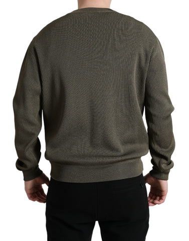 Green viscose crew neck men's pullover sweater by Dolce & Gabbana, shown flat with ribbed cuffs and neckline.