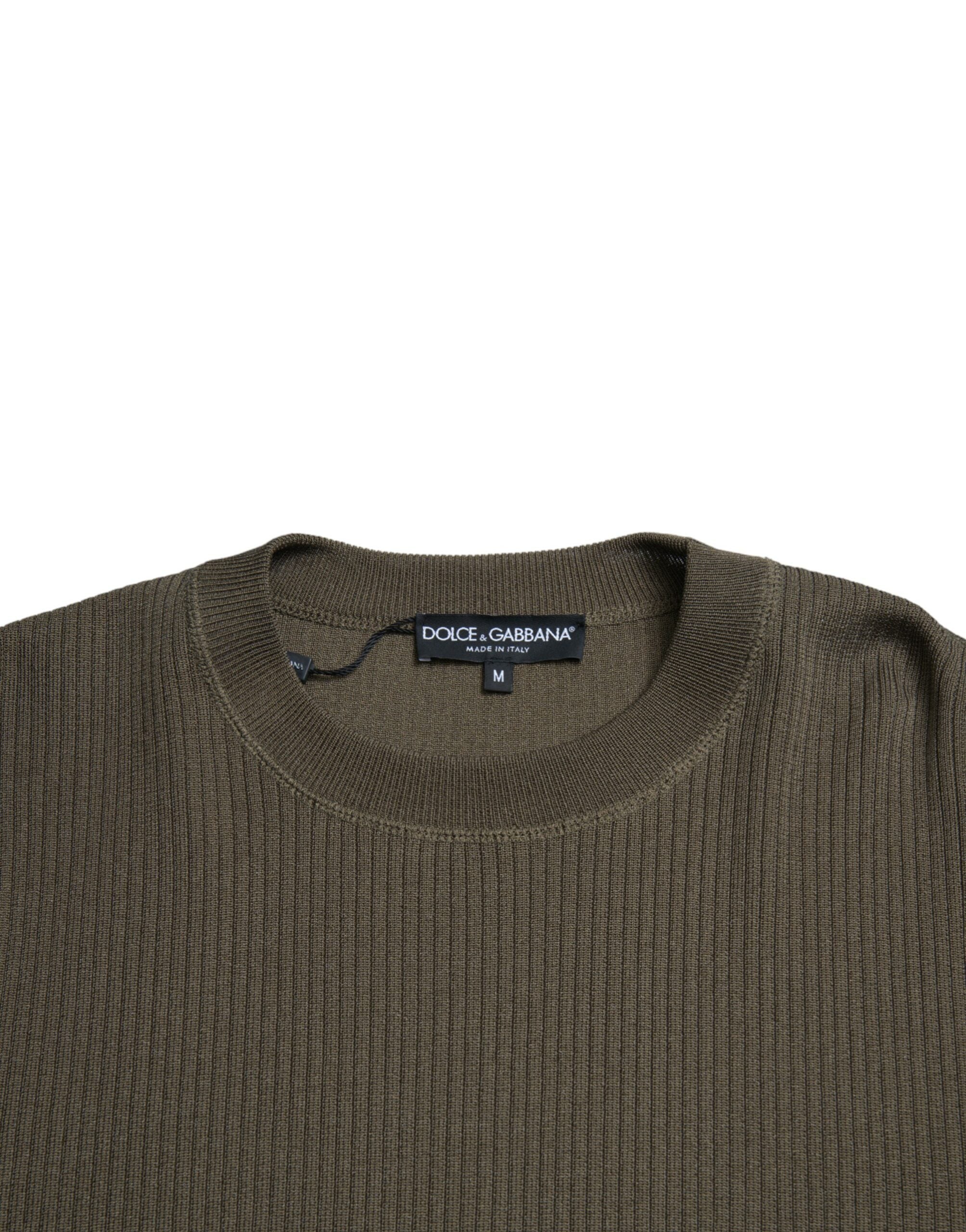Green viscose crew neck men's pullover sweater by Dolce & Gabbana, shown with a close-up of the fabric and neckline.