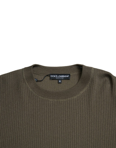 Green viscose crew neck men's pullover sweater by Dolce & Gabbana, shown with a close-up of the fabric and neckline.