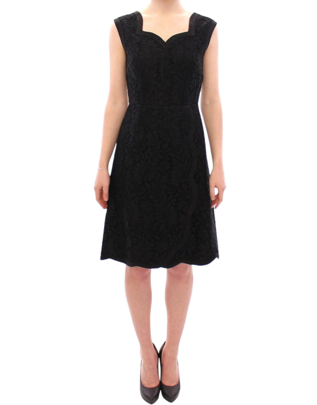 Black floral lace Sicily runway dress by Dolce & Gabbana, featuring intricate lace details and a fitted silhouette.
