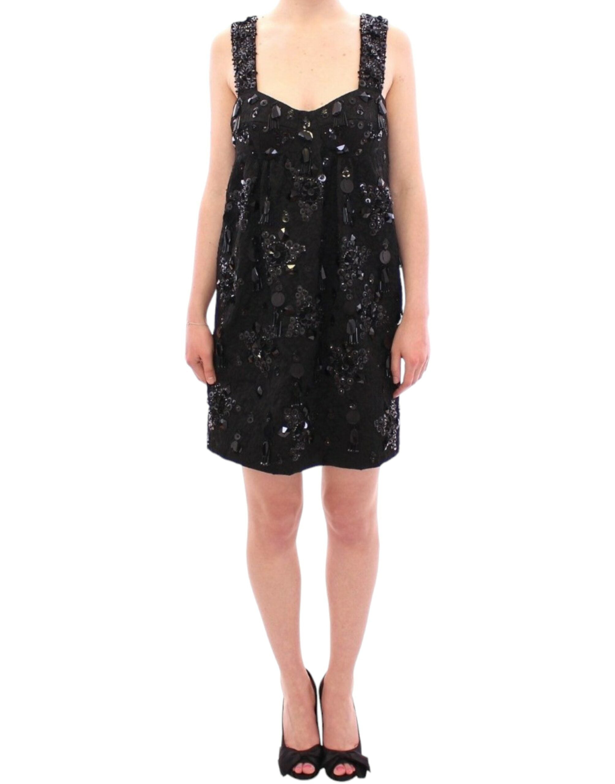 Black floral crystal embedded dress by Dolce & Gabbana, showcasing intricate floral embroidery and sparkling crystal embellishments.