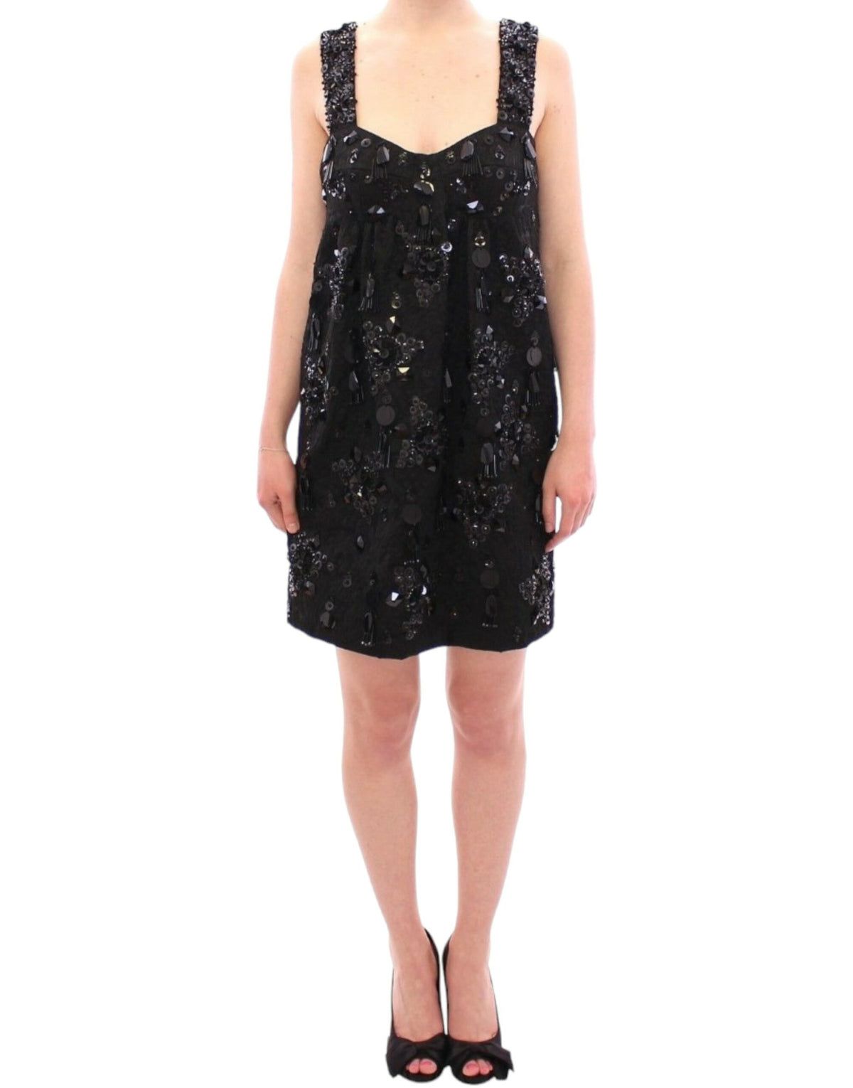 Black floral crystal embedded dress by Dolce & Gabbana, showcasing intricate floral embroidery and sparkling crystal embellishments.