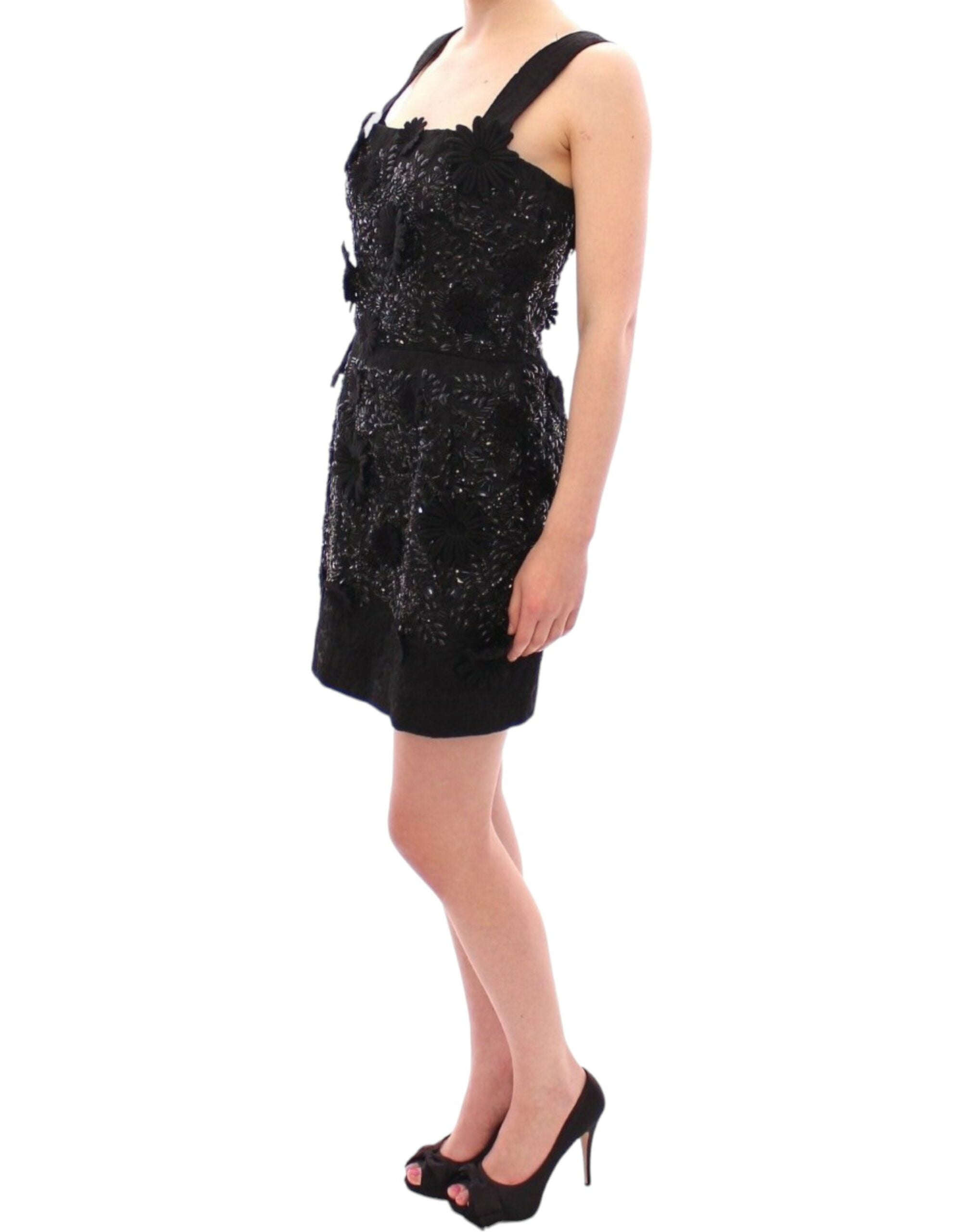 Black floral crystal-embedded dress by Dolce & Gabbana, featuring intricate floral embroidery and elegant design.