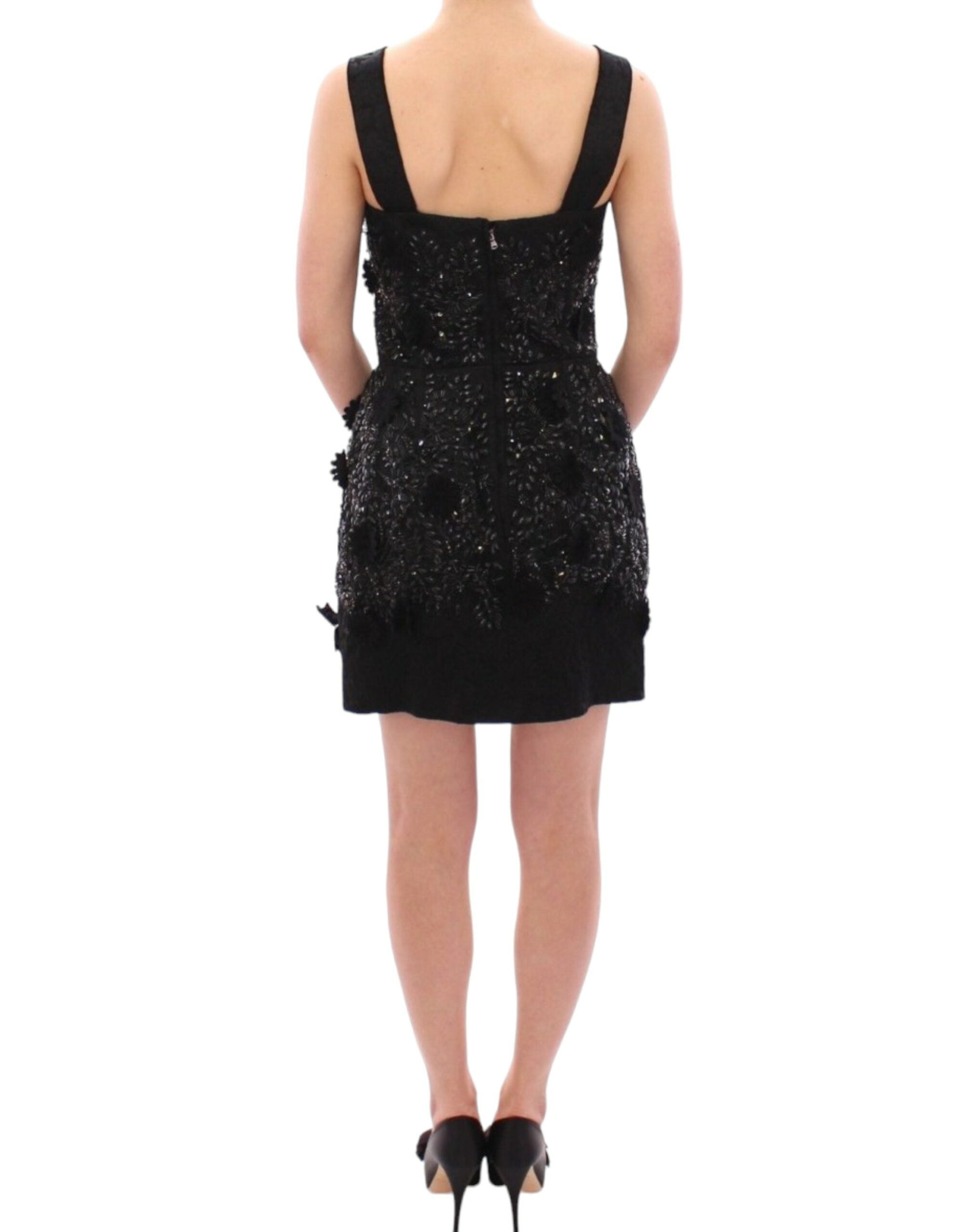 Black floral crystal-embellished dress by Dolce & Gabbana, featuring intricate floral embroidery and elegant design.