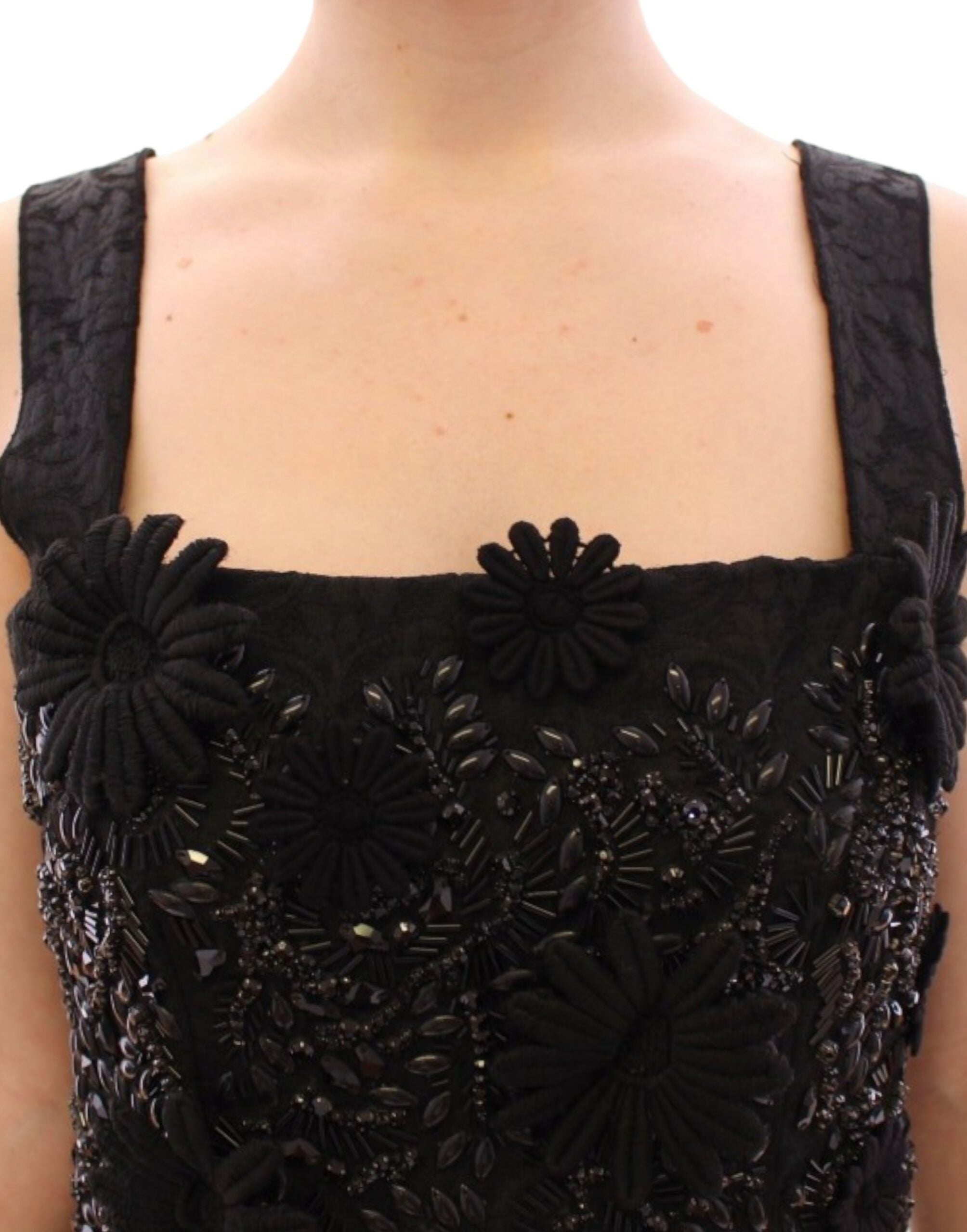Black floral crystal-embellished Dolce & Gabbana dress with intricate details and elegant design.