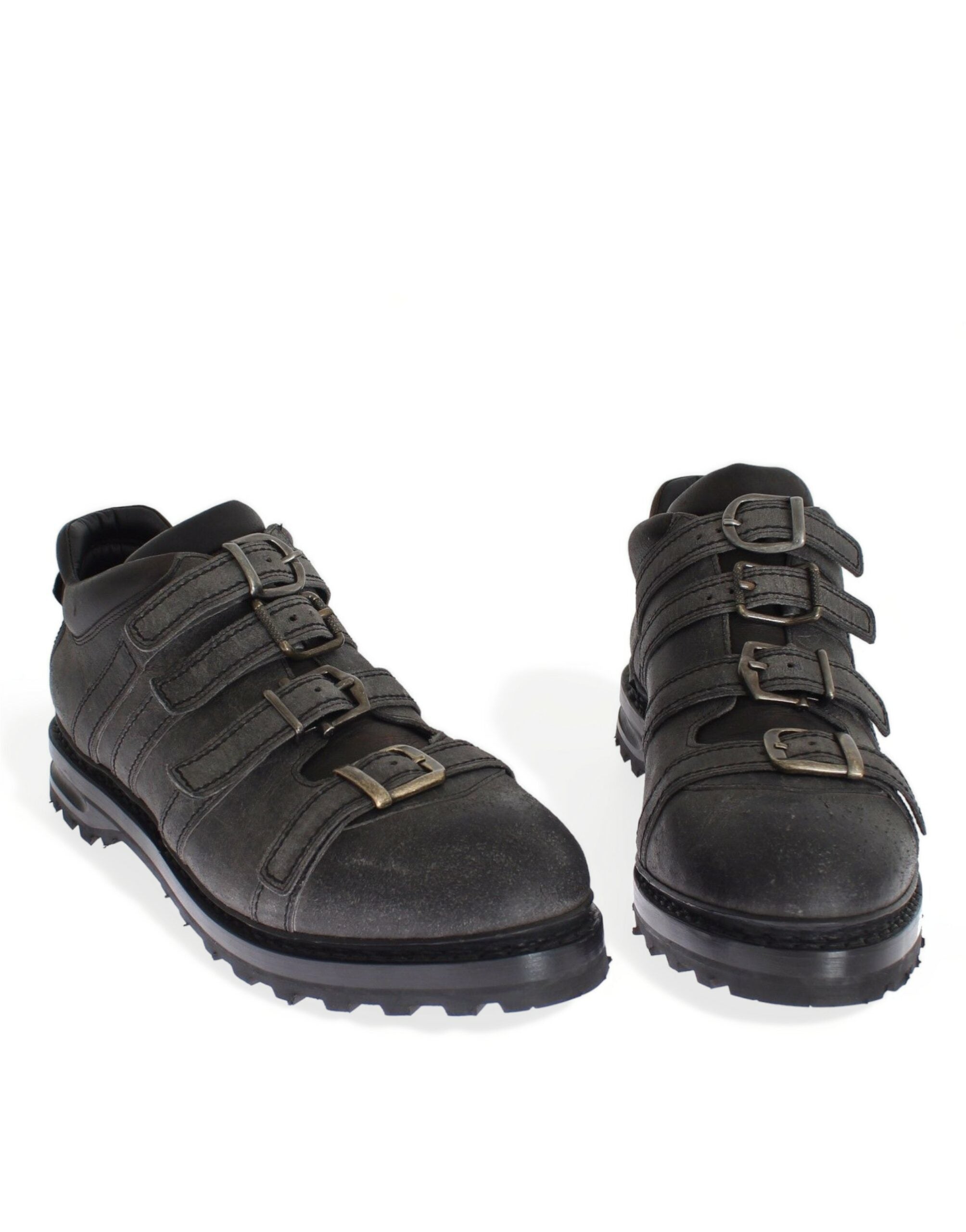 Gray leather ankle strap shoes and boots by Dolce & Gabbana, featuring sleek design and stylish ankle straps.