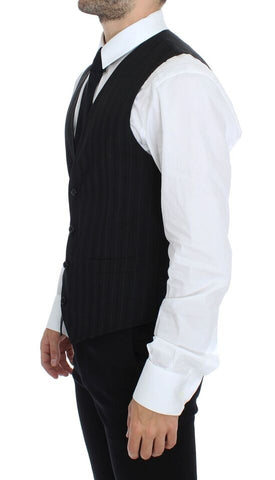 Black striped stretch dress vest gilet by Dolce & Gabbana, featuring a sleek fit and stylish pattern, shown on a plain background.
