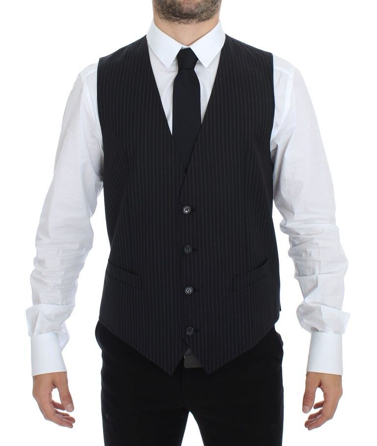 Gray stretch formal dress vest gilet by Dolce & Gabbana, tailored fit with sleek fabric, front buttons, and stylish lapel collar.