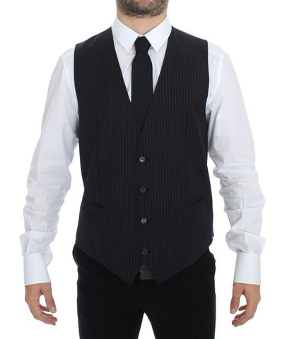 Gray stretch formal dress vest gilet by Dolce & Gabbana, tailored fit with sleek fabric, front buttons, and stylish lapel collar.