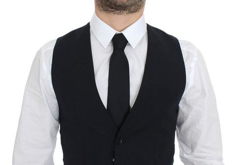 Blue wool formal dress vest gilet by Dolce & Gabbana, tailored fit with button closure and sleek design.