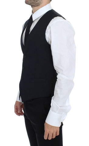 Blue wool formal dress vest gilet by Dolce & Gabbana, tailored fit with button closure and classic style.