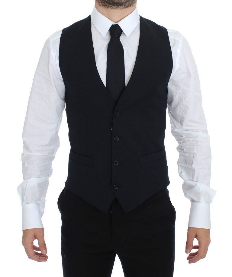 Blue wool formal dress vest gilet by Dolce & Gabbana, tailored fit with front buttons and sleek design for elegant occasions.
