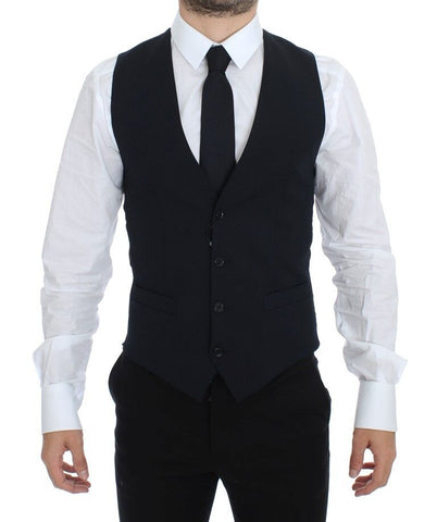 Blue wool formal dress vest gilet by Dolce & Gabbana, tailored fit with front buttons and sleek design for elegant occasions.