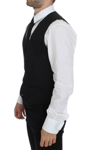 Black wool formal dress vest by Dolce & Gabbana, tailored gilet jacket with sleek design and structured fit.