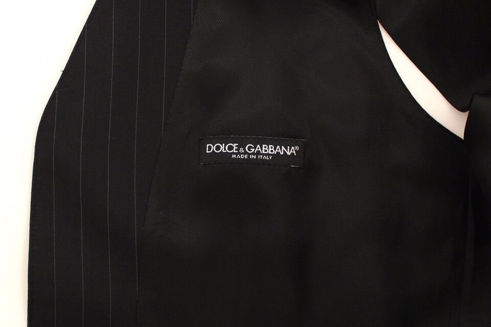 Black striped wool silk dress vest gilet by Dolce & Gabbana, featuring tailored fit and elegant design with vertical stripe pattern.