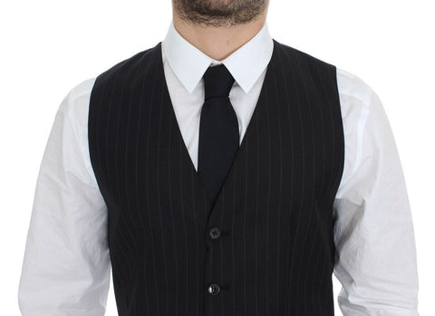 Black striped wool silk dress vest gilet by Dolce & Gabbana, featuring a tailored fit and stylish pattern.