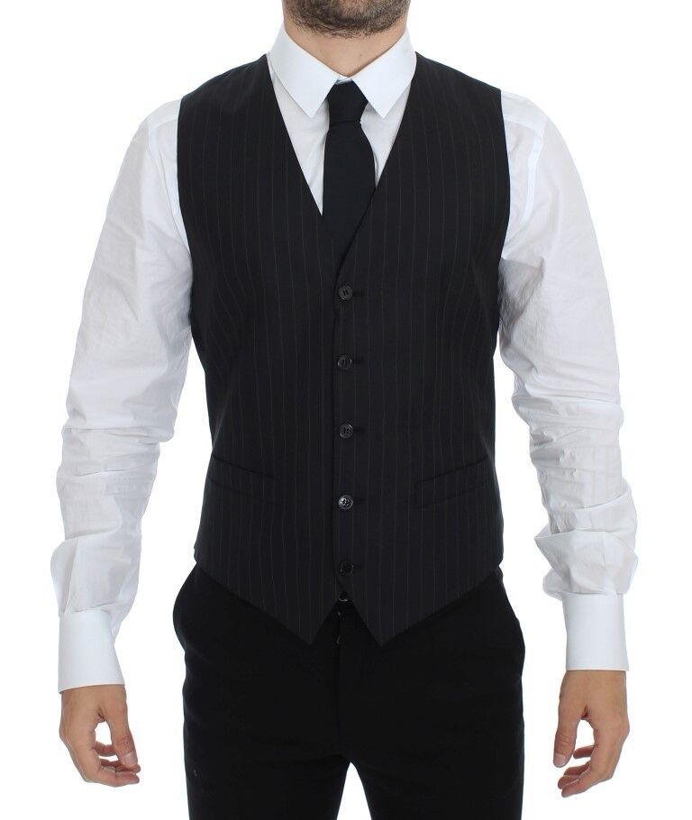 Black striped wool silk dress vest gilet by Dolce & Gabbana, featuring tailored fit and stylish design.