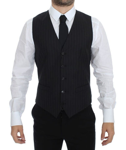 Black striped wool silk dress vest gilet by Dolce & Gabbana, featuring tailored fit and stylish design.